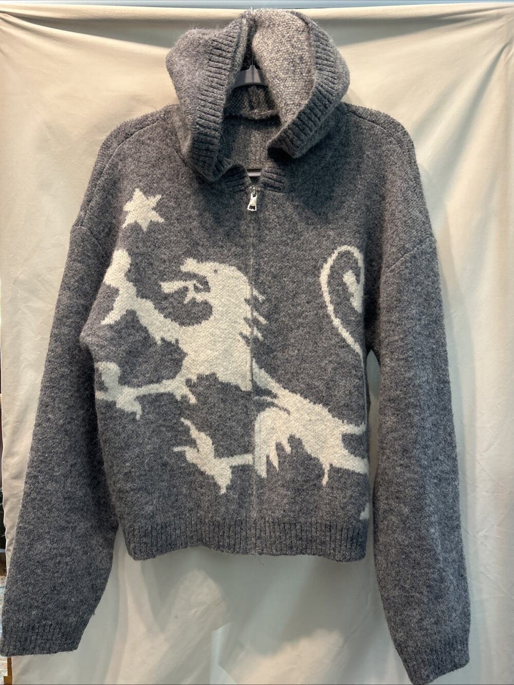 Knit Zip-Up Hooded Sweater Cardigan L Rampant Lion Wool Blend Blue Maltese Cross